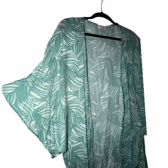 Pink Lily Mint Leaf Print Kimono - Picture 2 of 5